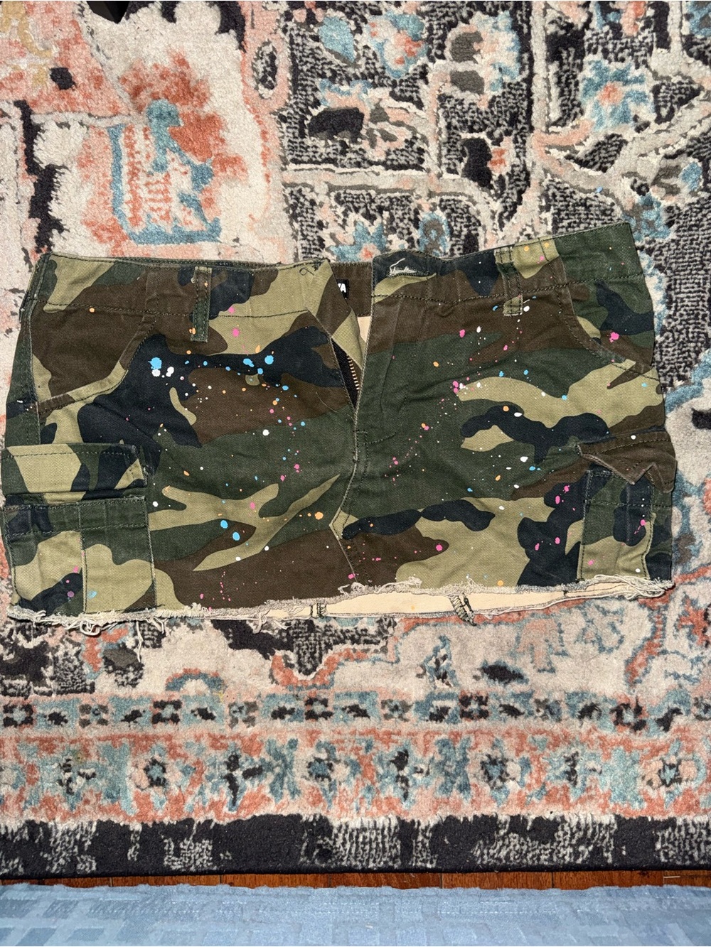 Fashion Nova Green Camo Cargo Shorts with Paint Splatter